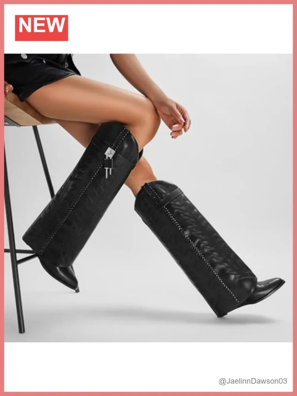 Faux Leather & Denim Fold Over Knee High Western Embroidered Wedge Heel Boots